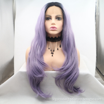 Vigorous purple ombre long straight premium high quality wholesale black women synthetic hair wigs with lace front